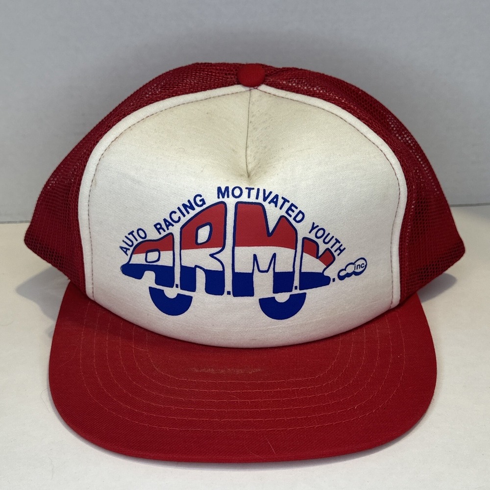 Vintage Auto Racing Motivated Youth ARMY Inc Red Trucker Hat One Size Adjustable